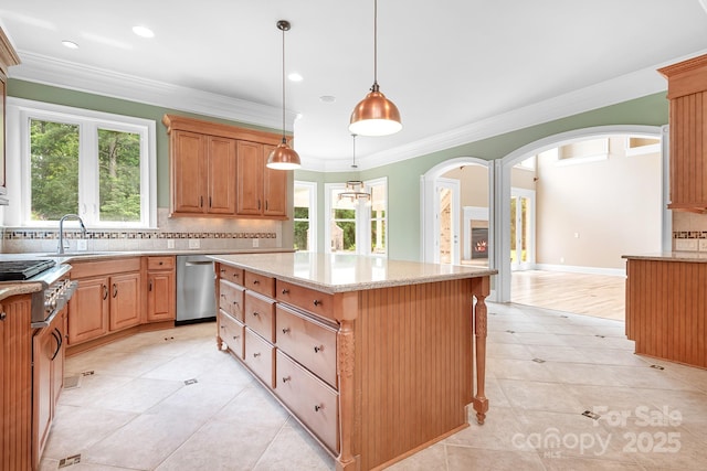 3204 Mcpherson St, Waxhaw, NC 28173 - kitchen with appliances with stainless steel finishes, healthy amount of natural light, light tile patterned floors, ornamental molding, and recessed lighting