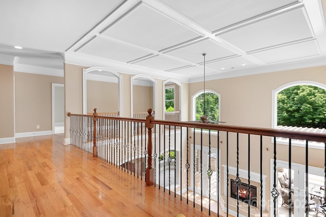 3204 Mcpherson St, Waxhaw, NC 28173 - hall with coffered ceiling, ornamental molding, light wood finished floors, baseboards, and recessed lighting