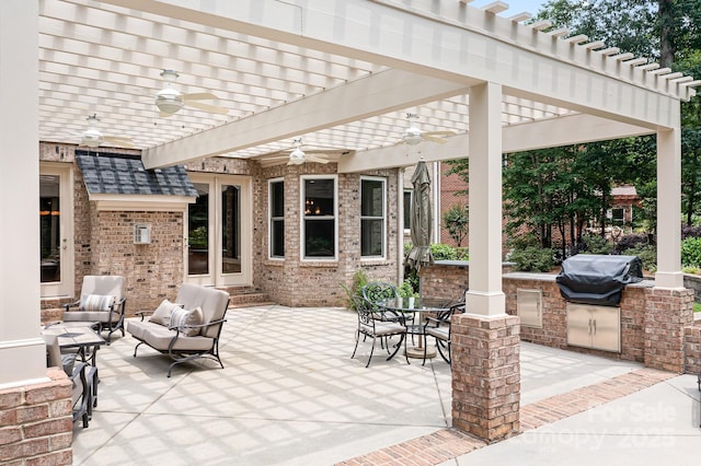 3204 Mcpherson St, Waxhaw, NC 28173 - view of patio / terrace featuring ceiling fan, a pergola, french doors, outdoor dining space, and an outdoor hangout area