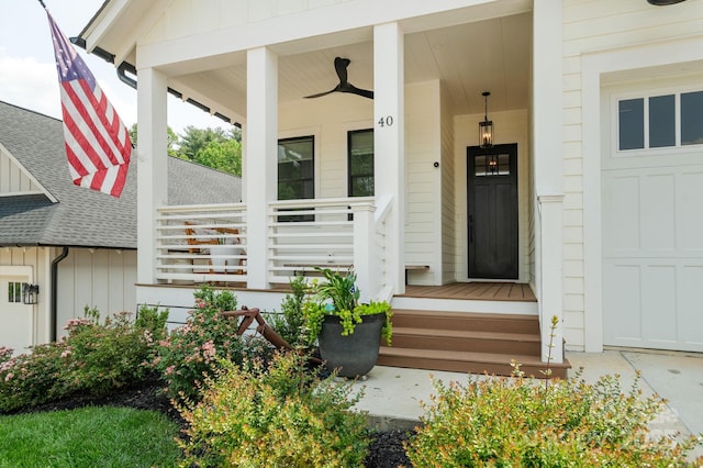 40 Hidden Pond Ln, Brevard, NC 28712 - property entrance with board and batten siding, a porch, and a ceiling fan