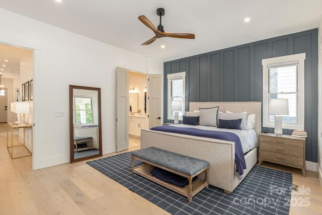 40 Hidden Pond Ln, Brevard, NC 28712 - bedroom featuring light wood-type flooring, recessed lighting, ensuite bath, baseboards, and a ceiling fan