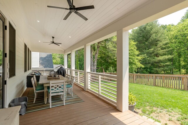 40 Hidden Pond Ln, Brevard, NC 28712 - wooden deck with a ceiling fan and outdoor dining area