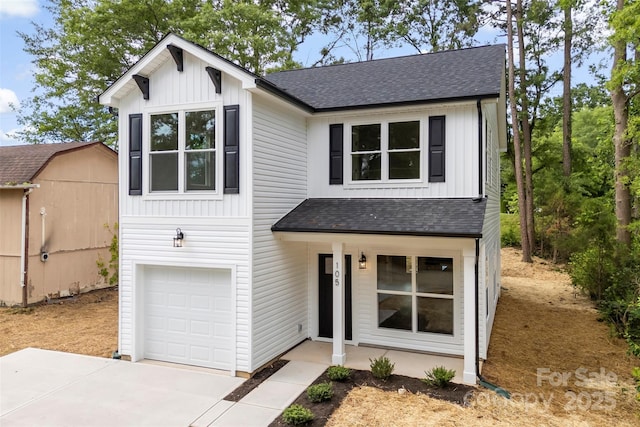 105 Spring Garden Dr, Gastonia, NC 28052 - view of front facade featuring a shingled roof, a garage, covered porch, board and batten siding, and a storage shed