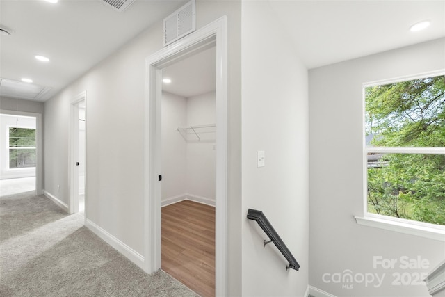 105 Spring Garden Dr, Gastonia, NC 28052 - hallway with attic access, an upstairs landing, plenty of natural light, recessed lighting, and baseboards