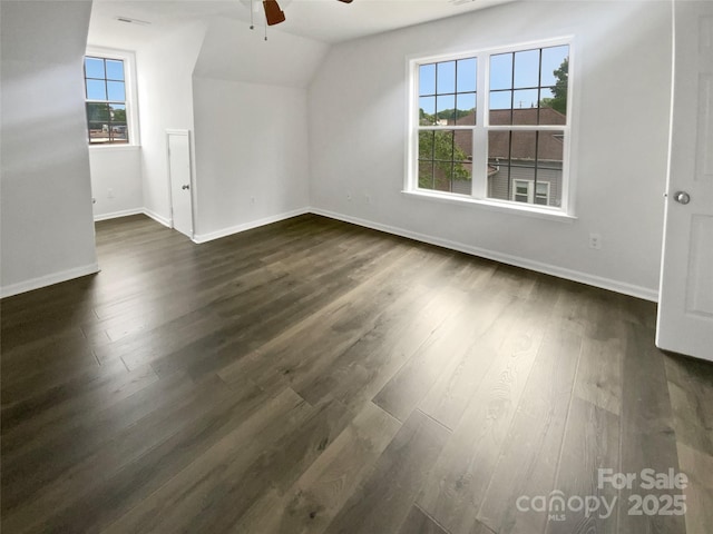 204 W Boyd St, Maiden, NC 28650 - bonus room with ceiling fan, vaulted ceiling, dark wood-style floors, and baseboards
