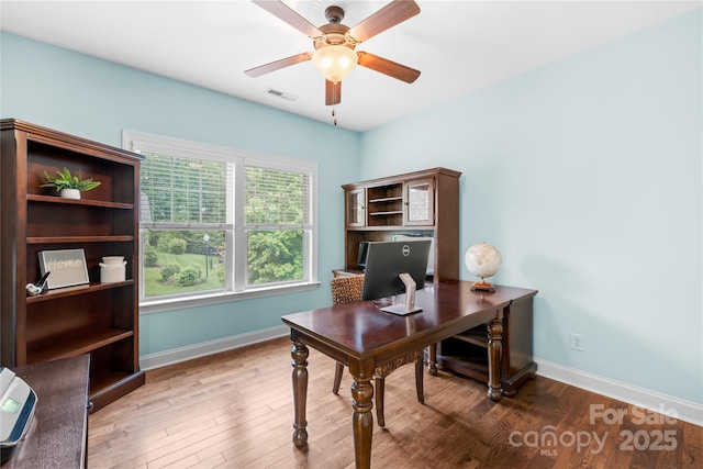 2289 Pine Valley Dr, Denver, NC 28037 - office area with baseboards, ceiling fan, and wood finished floors