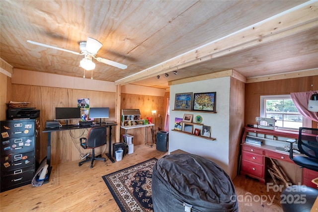 2310 Gill Jordan Rd, Chester, SC 29706 - office featuring wood walls, wood finished floors, a ceiling fan, and wooden ceiling
