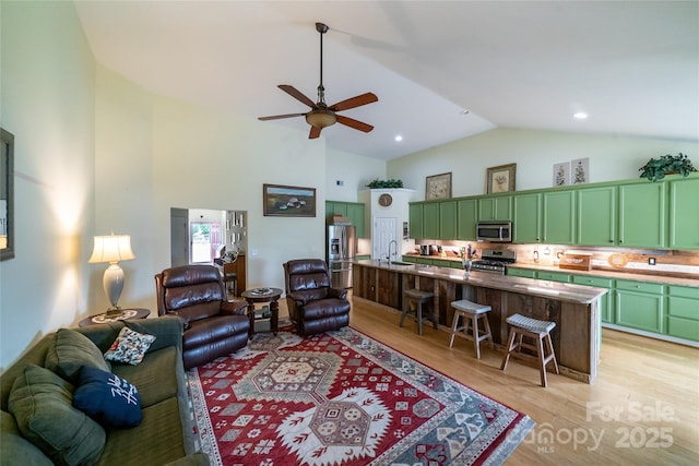 2310 Gill Jordan Rd, Chester, SC 29706 - living room featuring high vaulted ceiling, light wood-type flooring, and ceiling fan