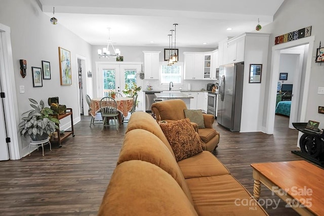 5016 Old Pine Ln, Cherryville, NC 28021 - living area with dark wood-type flooring, a chandelier, baseboards, recessed lighting, and french doors