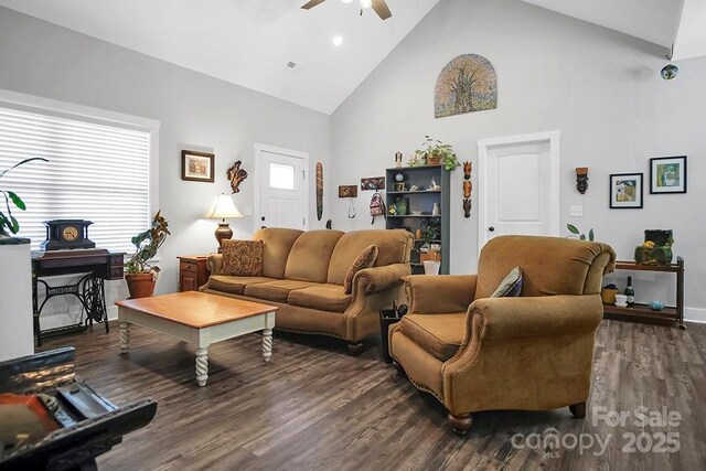 5016 Old Pine Ln, Cherryville, NC 28021 - living room featuring high vaulted ceiling, a ceiling fan, wood finished floors, baseboards, and recessed lighting