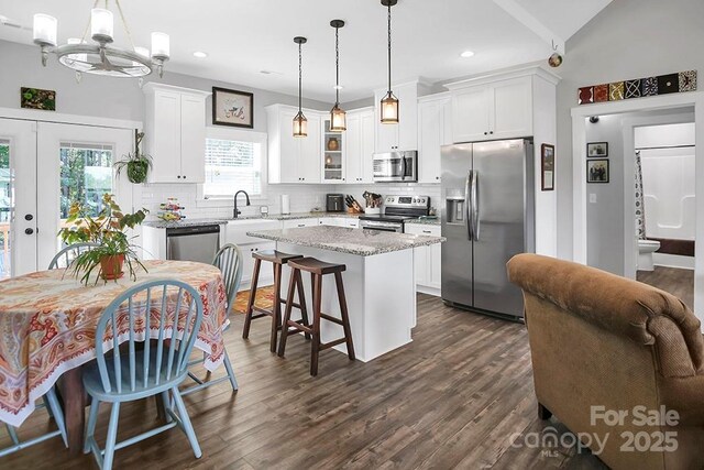 5016 Old Pine Ln, Cherryville, NC 28021 - kitchen featuring stainless steel appliances, tasteful backsplash, dark wood-style floors, and recessed lighting