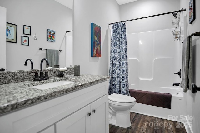 5016 Old Pine Ln, Cherryville, NC 28021 - full bathroom featuring vanity, wood finished floors, shower / tub combo, and toilet