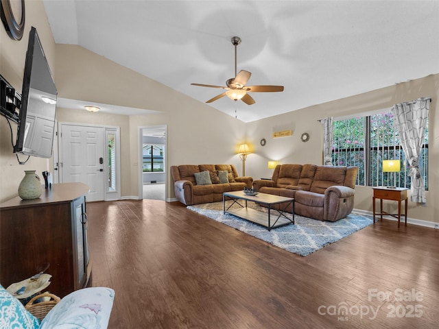 100 Tarragon Pl, Flat Rock, NC 28731 - living area with lofted ceiling, wood finished floors, a ceiling fan, and baseboards