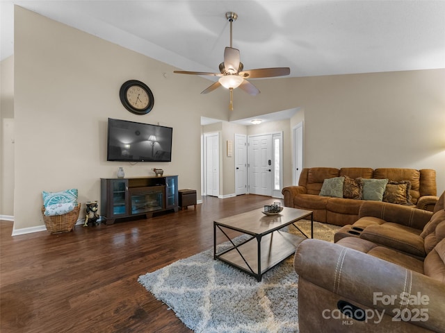 100 Tarragon Pl, Flat Rock, NC 28731 - living room featuring ceiling fan, wood finished floors, baseboards, and high vaulted ceiling