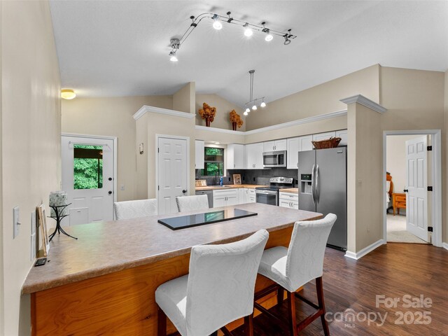 100 Tarragon Pl, Flat Rock, NC 28731 - kitchen with stainless steel appliances, a peninsula, lofted ceiling, light countertops, and white cabinetry