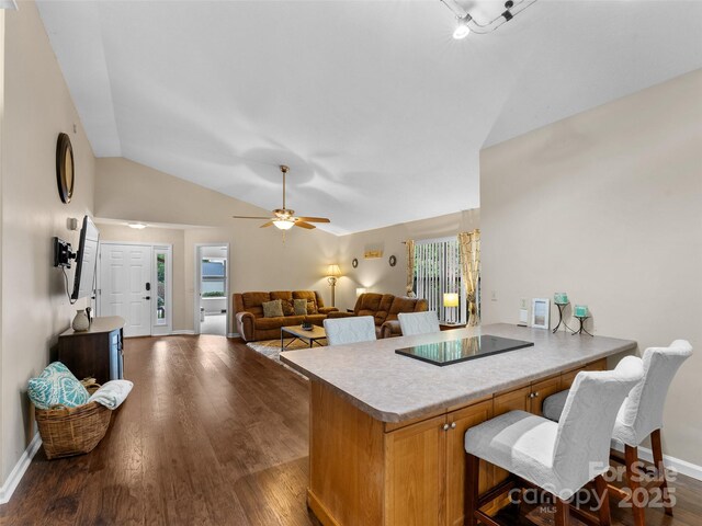 100 Tarragon Pl, Flat Rock, NC 28731 - kitchen with lofted ceiling, dark wood-style flooring, healthy amount of natural light, a kitchen bar, and a ceiling fan