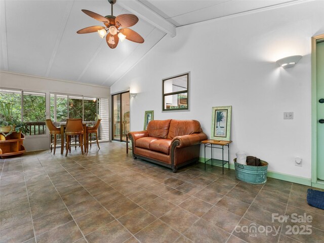 100 Tarragon Pl, Flat Rock, NC 28731 - living area featuring ceiling fan, beam ceiling, baseboards, and high vaulted ceiling