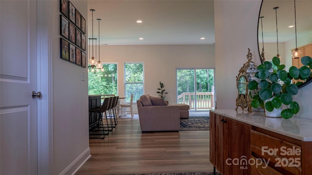 4710 Old Pageland Marshville Rd, Monroe, NC 28112 - living room with dark wood-style floors, recessed lighting, and baseboards