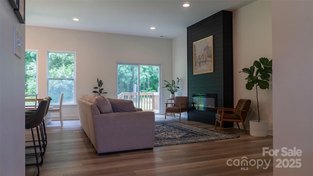 4710 Old Pageland Marshville Rd, Monroe, NC 28112 - living area with recessed lighting, wood finished floors, a fireplace, and baseboards
