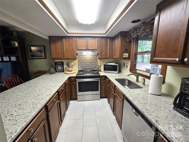 105 Bent Creek Blvd Unit 16, Lake Lure, NC 28746 - kitchen with appliances with stainless steel finishes, under cabinet range hood, a sink, a tray ceiling, and light stone countertops