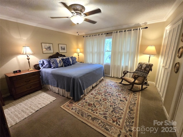 105 Bent Creek Blvd Unit 16, Lake Lure, NC 28746 - bedroom featuring carpet flooring, ornamental molding, a textured ceiling, and a ceiling fan