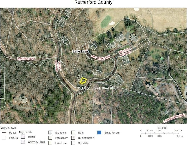 105 Bent Creek Blvd Unit 16, Lake Lure, NC 28746 - aerial map of property and surrounding area with property boundaries highlighted