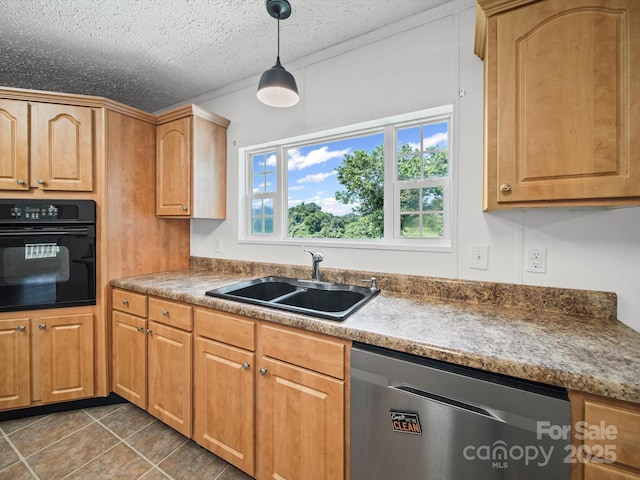 714 Helms Efird Rd, Marshville, NC 28103 - kitchen with oven, dishwasher, hanging light fixtures, a textured ceiling, and tile patterned flooring