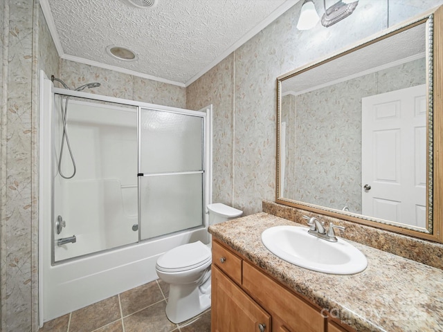 714 Helms Efird Rd, Marshville, NC 28103 - bathroom with crown molding, a textured ceiling, vanity, combined bath / shower with glass door, and tile patterned flooring