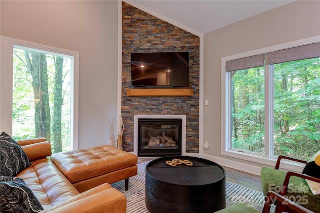 145 Inn At Crestwood Dr, Boone, NC 28607 - living room featuring vaulted ceiling, plenty of natural light, a stone fireplace, and wood finished floors