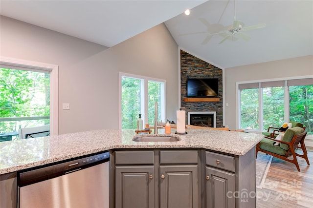 145 Inn At Crestwood Dr, Boone, NC 28607 - kitchen with dishwasher, gray cabinets, healthy amount of natural light, open floor plan, and high vaulted ceiling