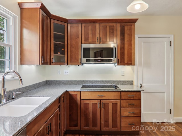 27 Alabama Ave, Weaverville, NC 28787 - kitchen with appliances with stainless steel finishes, a sink, glass insert cabinets, light stone counters, and brown cabinetry
