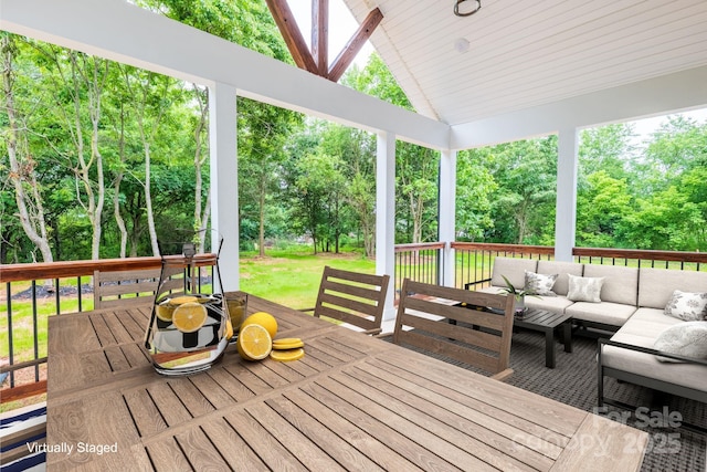 1246 Bob Falls Rd, Shelby, NC 28150 - deck featuring outdoor lounge area, view of wooded area, and outdoor dining space