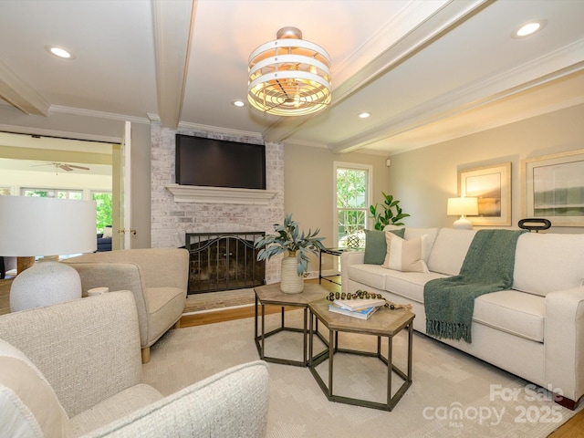 7356 Terrace Dr, Charlotte, NC 28211 - living room featuring light wood-style flooring, crown molding, beamed ceiling, recessed lighting, and a fireplace