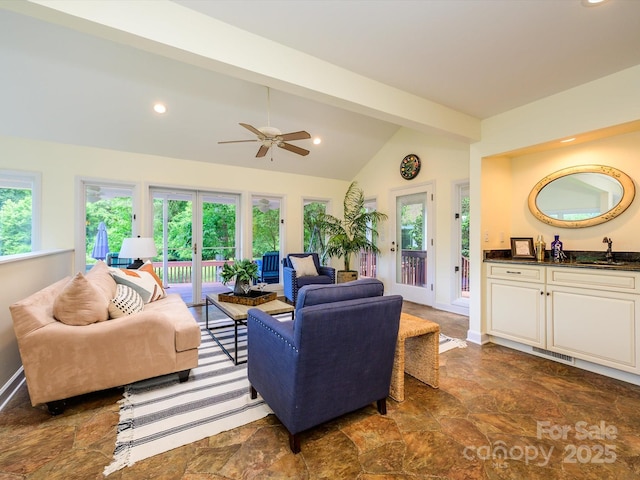 7356 Terrace Dr, Charlotte, NC 28211 - living area with lofted ceiling, recessed lighting, a ceiling fan, dark stone finish floors, and baseboards