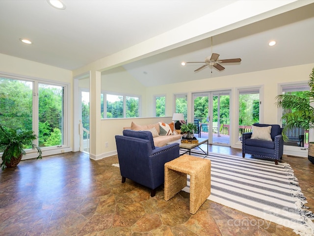 7356 Terrace Dr, Charlotte, NC 28211 - living area with vaulted ceiling, healthy amount of natural light, recessed lighting, ceiling fan, and french doors