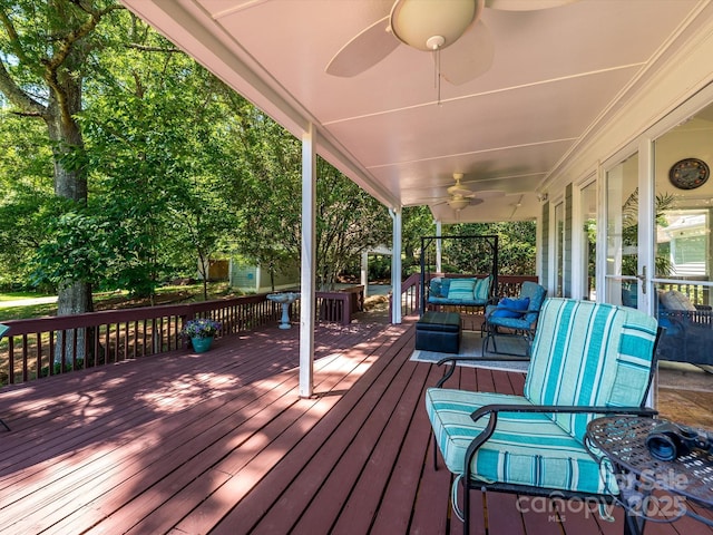 7356 Terrace Dr, Charlotte, NC 28211 - wooden terrace featuring ceiling fan and an outdoor hangout area