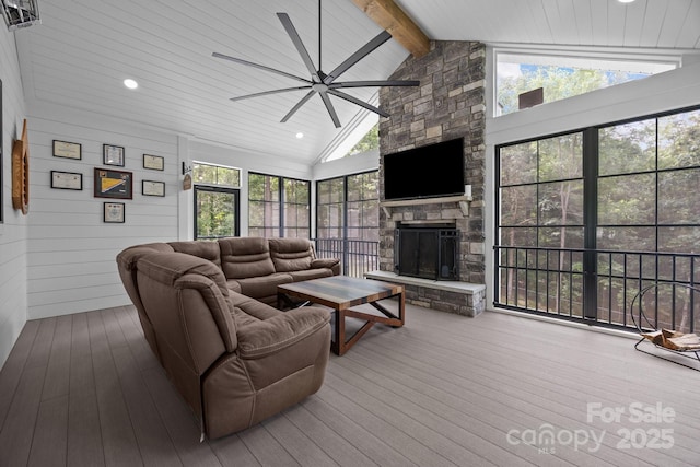 2577 Bonnybrook Cir, Rock Hill, SC 29732 - living room featuring ceiling fan, high vaulted ceiling, hardwood / wood-style flooring, a stone fireplace, and recessed lighting