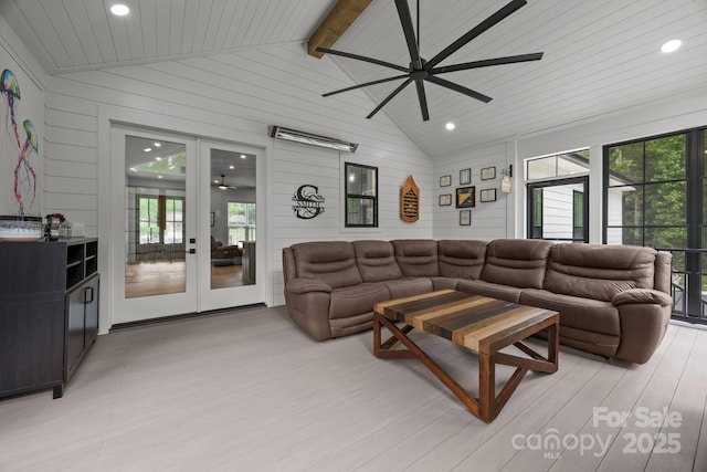 2577 Bonnybrook Cir, Rock Hill, SC 29732 - living area featuring a ceiling fan, wooden walls, recessed lighting, light wood-type flooring, and french doors