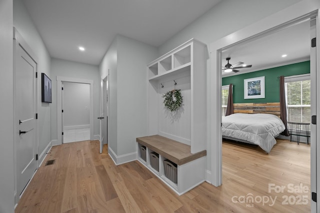 2577 Bonnybrook Cir, Rock Hill, SC 29732 - mudroom featuring light wood finished floors, a ceiling fan, recessed lighting, and baseboards