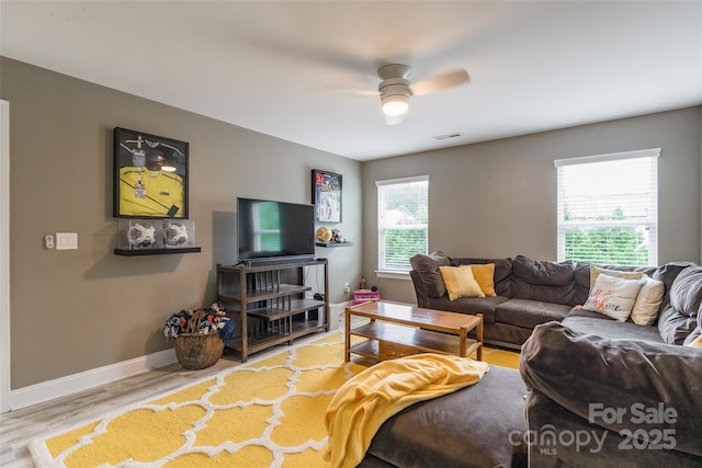 85017 Newloch Ct, Lancaster, SC 29720 - living room featuring wood finished floors, a ceiling fan, and baseboards
