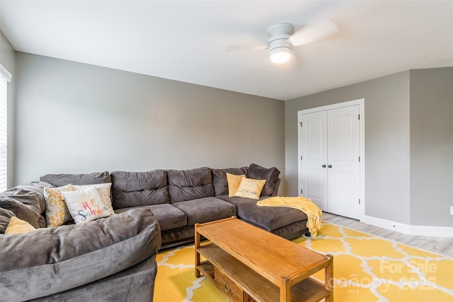 85017 Newloch Ct, Lancaster, SC 29720 - living room featuring light wood-type flooring, ceiling fan, and baseboards