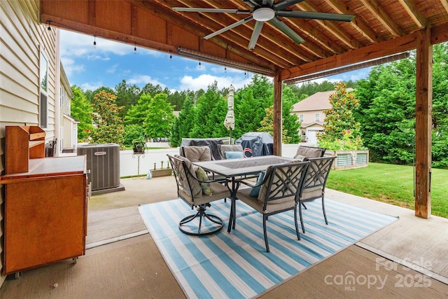 85017 Newloch Ct, Lancaster, SC 29720 - view of patio / terrace featuring central AC, a ceiling fan, outdoor dining area, area for grilling, and view of scattered trees
