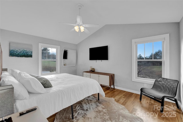 11 Ridge Brook Dr, Weaverville, NC 28787 - bedroom with wood finished floors, vaulted ceiling, baseboards, multiple windows, and ceiling fan
