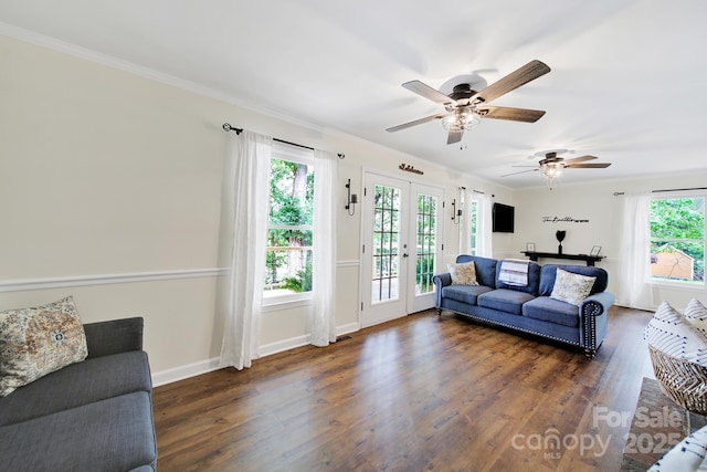2248 White Heron Rd, Liberty Hill, SC 29074 - living area featuring french doors, dark wood-style floors, ornamental molding, baseboards, and a ceiling fan