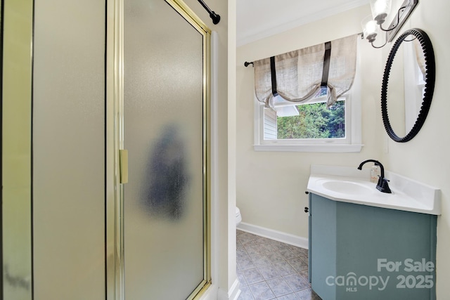 2248 White Heron Rd, Liberty Hill, SC 29074 - bathroom featuring vanity, a stall shower, toilet, baseboards, and tile patterned flooring