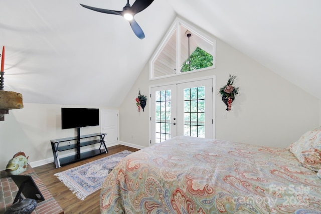 2248 White Heron Rd, Liberty Hill, SC 29074 - bedroom featuring access to outside, vaulted ceiling, wood finished floors, french doors, and a ceiling fan