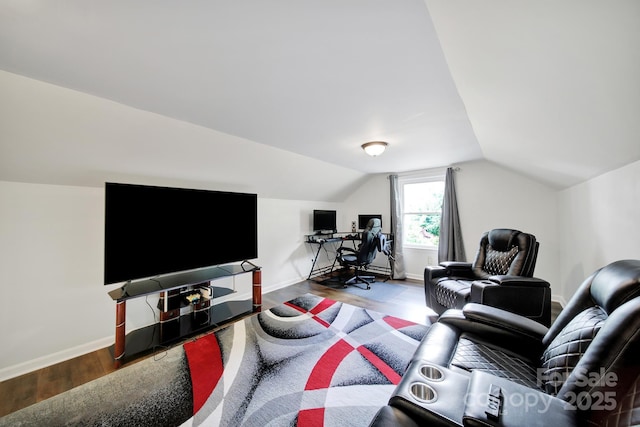 2248 White Heron Rd, Liberty Hill, SC 29074 - living room featuring vaulted ceiling, wood finished floors, baseboards, and a desk