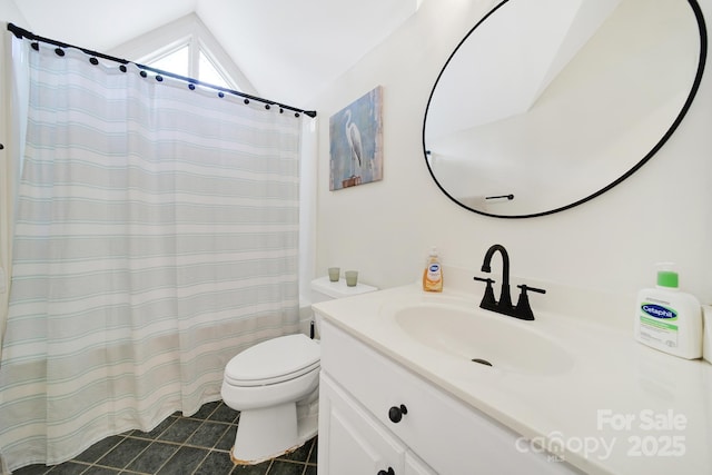 2248 White Heron Rd, Liberty Hill, SC 29074 - full bathroom with vanity, tile patterned flooring, toilet, lofted ceiling, and a shower with curtain