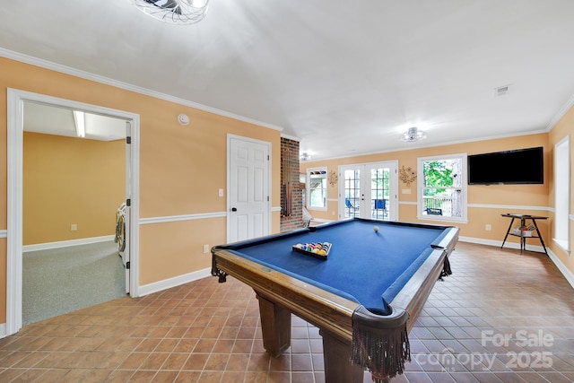 2248 White Heron Rd, Liberty Hill, SC 29074 - playroom featuring french doors, ornamental molding, baseboards, billiards table, and tile patterned flooring