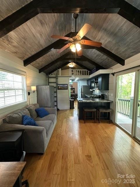 623 Overlook Dr, Spruce Pine, NC 28777 - living area with plenty of natural light, light wood finished floors, wood ceiling, and a ceiling fan